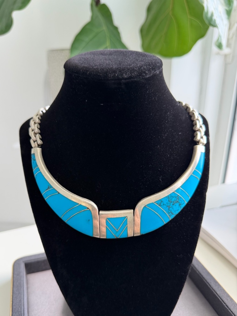 Vintage TAXCO 950 Sterling Turquoise Inlay Collar Necklace, Heavy 17", RARE,156g